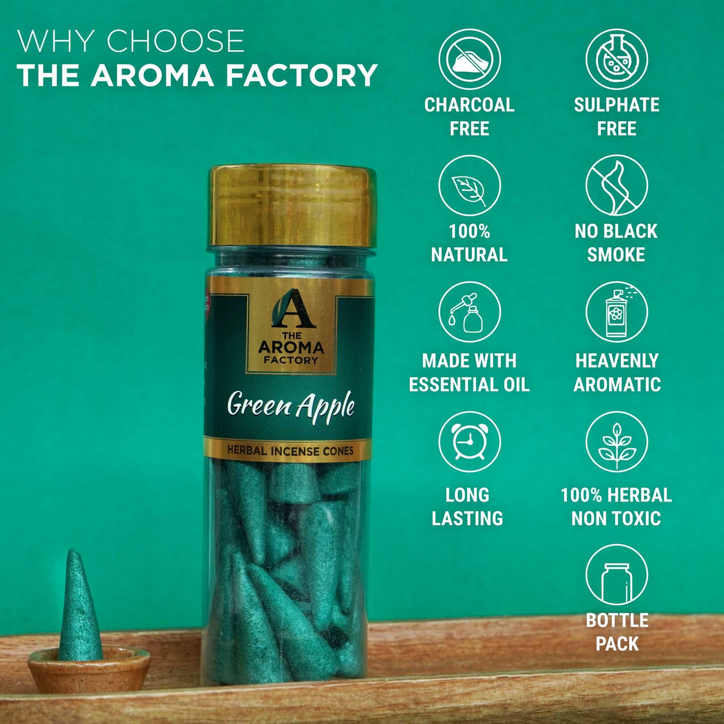 The Aroma Factory Green Apple Incense Cone (0% Charcoal 0% Suphates Herbal Dhoop) Free Holder Bottle Pack, 30 Cones