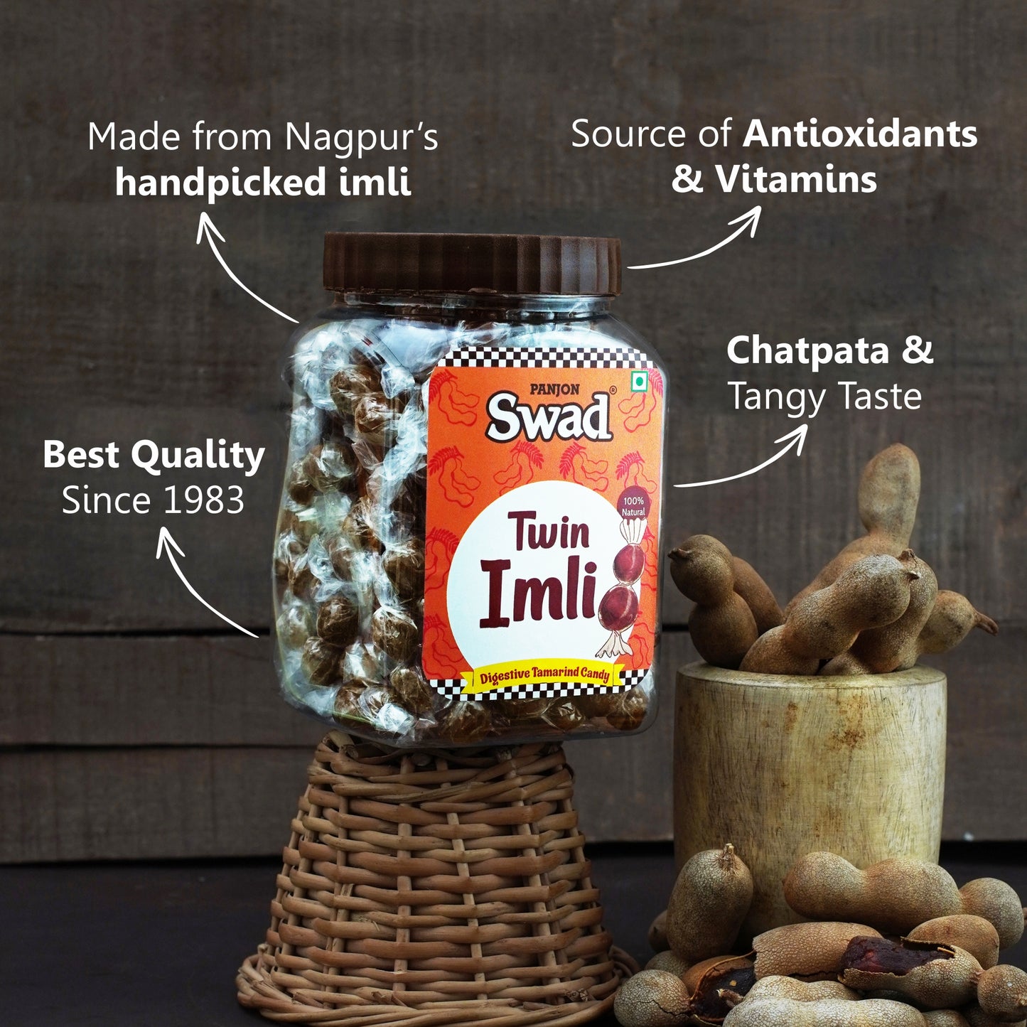 Swad Twin Imli Candy, Khatti Meethi Imly, Chulbuli Tamarind Twist Toffee, 320g Jar