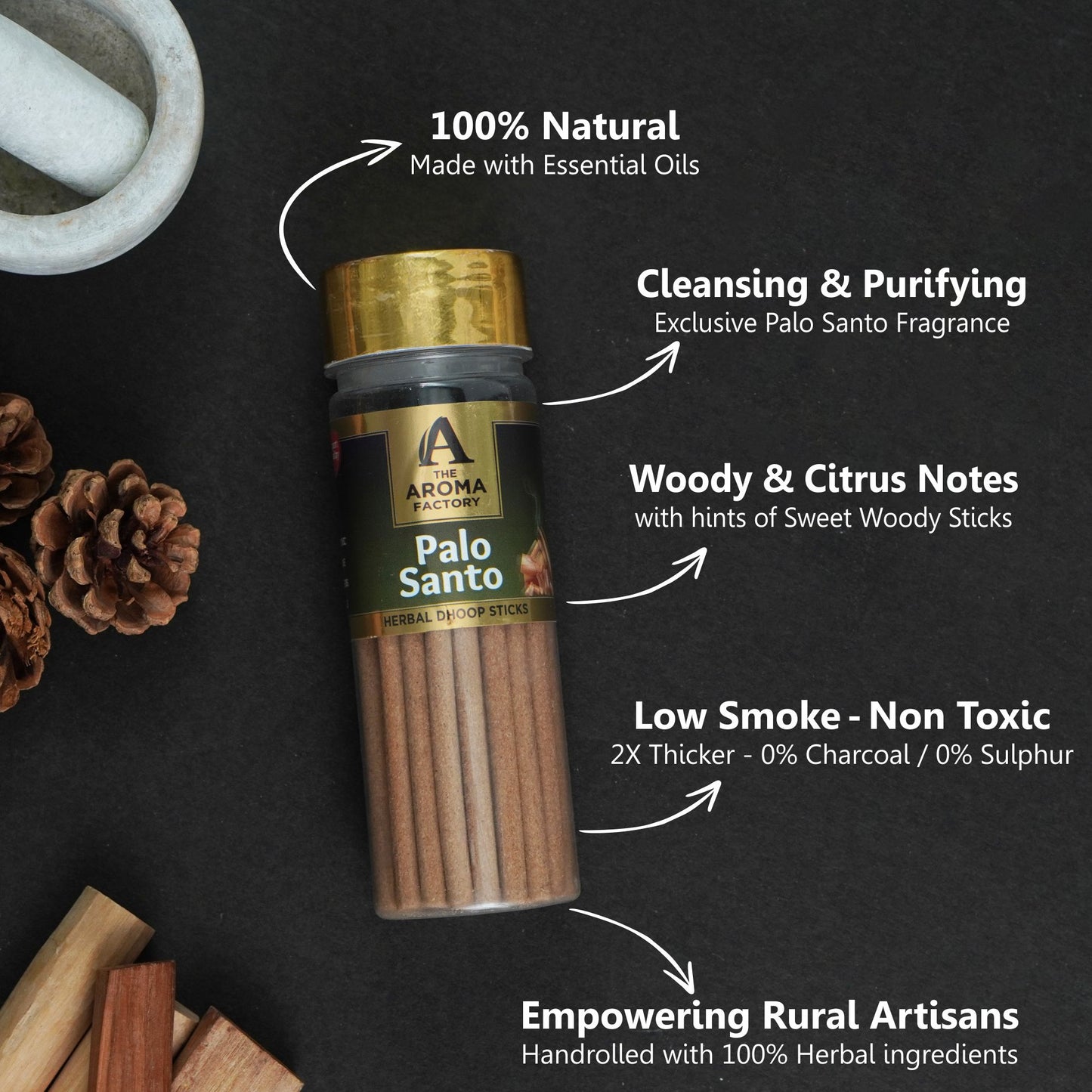 The Aroma Factory Palo Santo Dhoop Stick (0% Charcoal 0% Suphates) Herbal Burn Incense Dhoopbatti Bottle Pack, 100 g