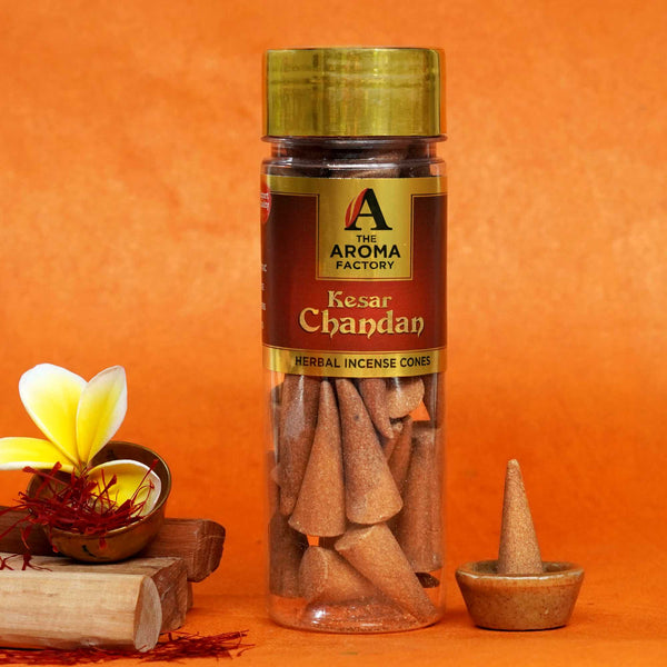 The Aroma Factory Kesar Chandan Incense Cone (0% Charcoal 0% Suphates Saffron Sandal Herbal Dhoop) Free Holder Bottle Pack, 30 Cones