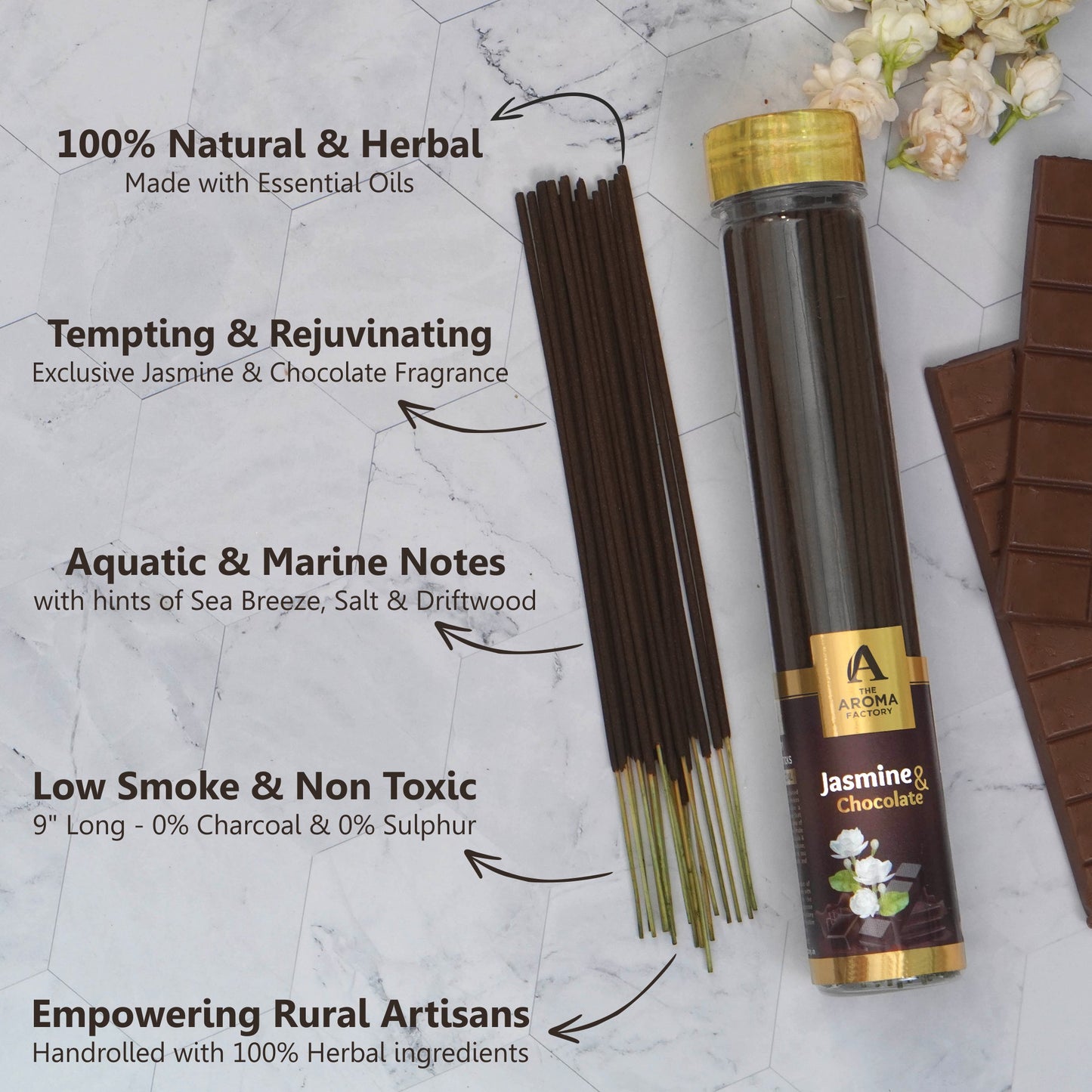 The Aroma Factory Jasmine & Chocolate Incense Stick (0% Charcoal 0% Sulphates) Herbal Agarbatti Bottle Pack, 100G