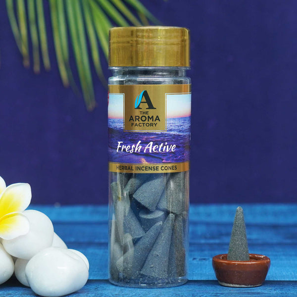 The Aroma Factory Fresh Active Incense Cone (0% Charcoal 0% Suphates Herbal Dhoop) Free Holder Bottle Pack, 30 Cones