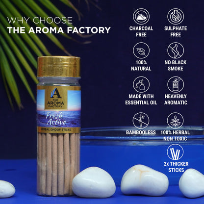The Aroma Factory Fresh Active Dhoop Stick (0% Charcoal 0% Suphates) Herbal Incense Dhoopbatti Bottle Pack, 100 g