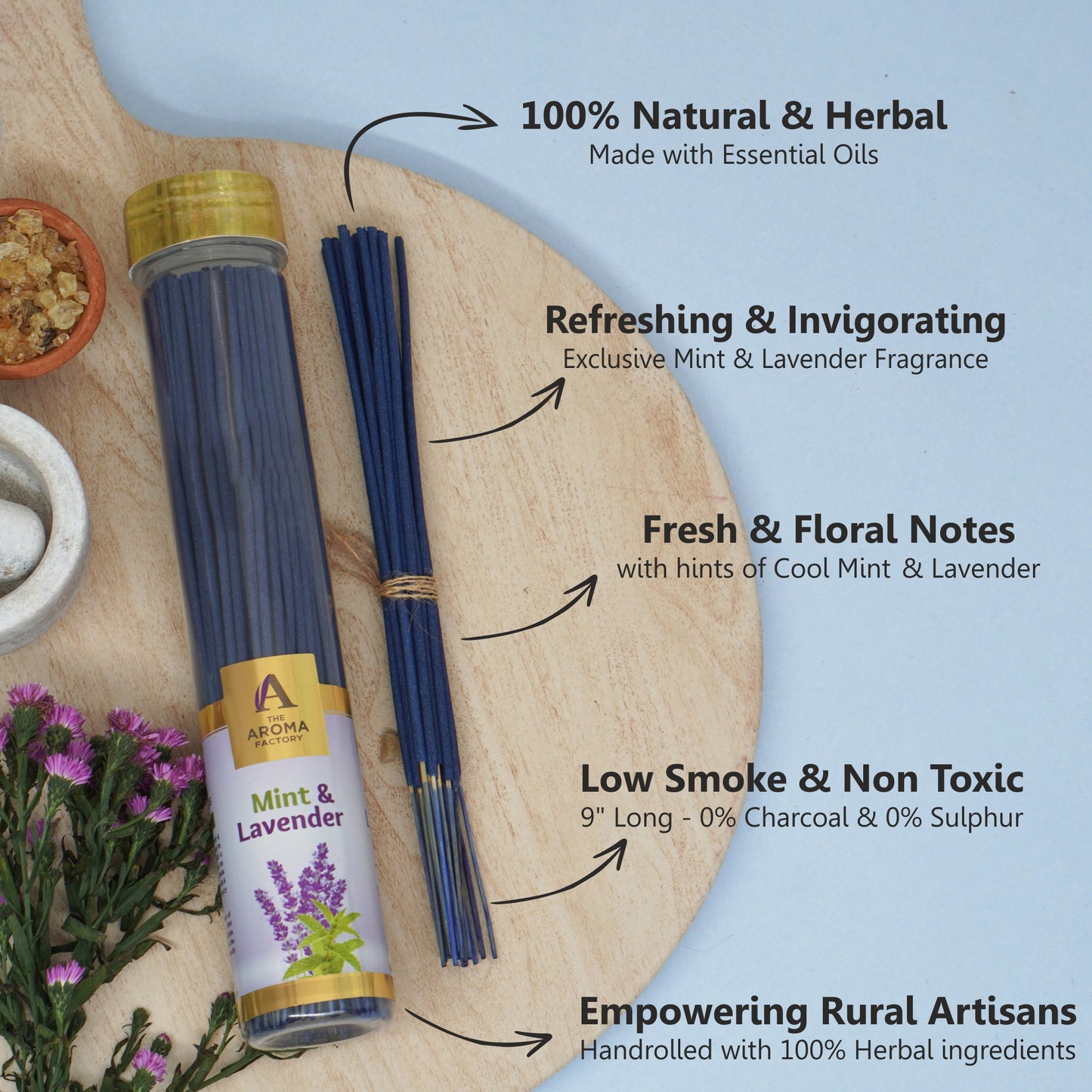 The Aroma Factory Mint & Lavender Incense Stick (0% Charcoal 0% Sulphates) Herbal Agarbatti Bottle Pack, 100G