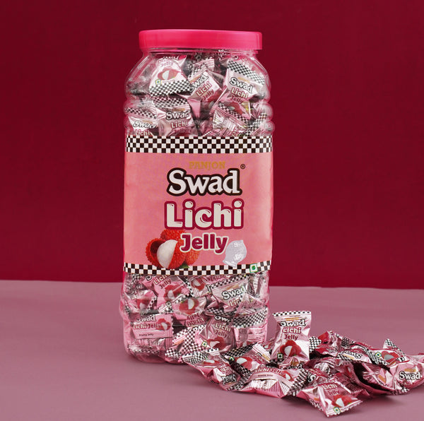 Swad Litchi Jelly Candy, Soft & Chewy Lichi Fruit Sweets, 900g Jar