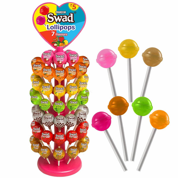 Swad 7 Fruit Flavoured Lollipops – 147 Pieces | Litchi, Strawberry, Mango, Orange, Kaccha Mango, Imli & Digestive | Candy Dispenser Tree Pack, Birthday Party Favors, Kids Return Gifts & Festive Treats