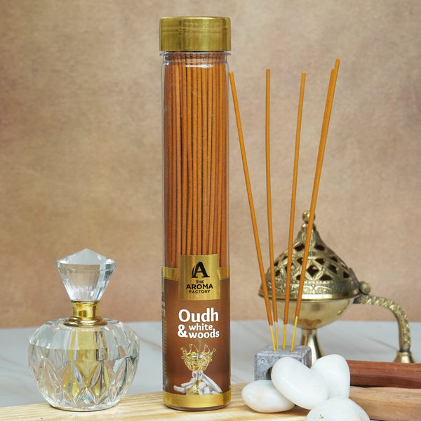 The Aroma Factory Oudh & White Woods Incense Stick (0% Charcoal 0% Sulphates) Agarbatti Bottle Pack, 100G