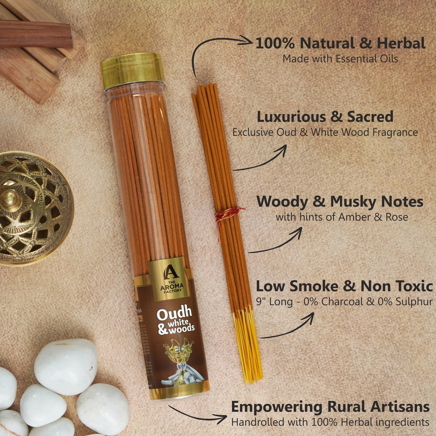 The Aroma Factory Oudh & White Woods Incense Stick (0% Charcoal 0% Sulphates) Agarbatti Bottle Pack, 100G