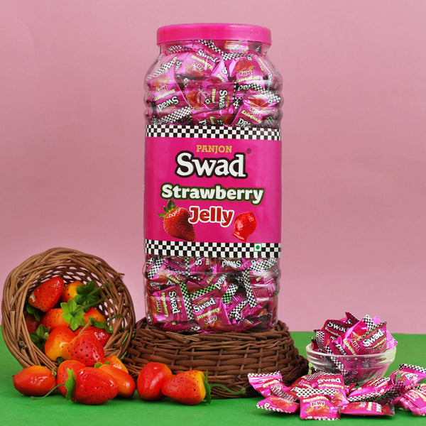 Swad Strawberry Jelly Candy, Soft & Chewy Fruit Sweets, 900g Jar