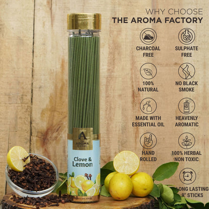 The Aroma Factory Clove & Lemon Incense Stick (0% Charcoal 0% Sulphates) Herbal Agarbatti Bottle Pack, 100G