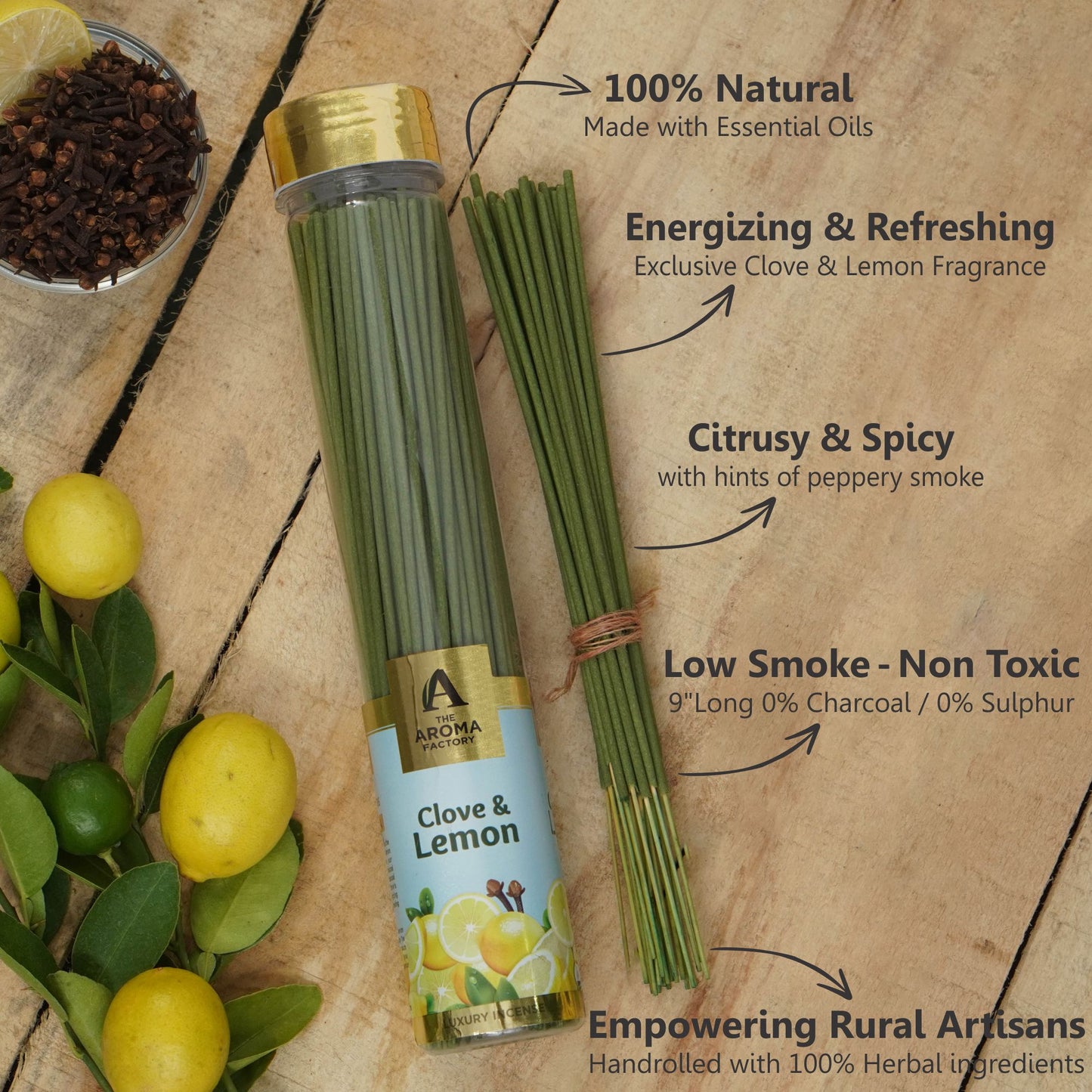The Aroma Factory Clove & Lemon Incense Stick (0% Charcoal 0% Sulphates) Herbal Agarbatti Bottle Pack, 100G