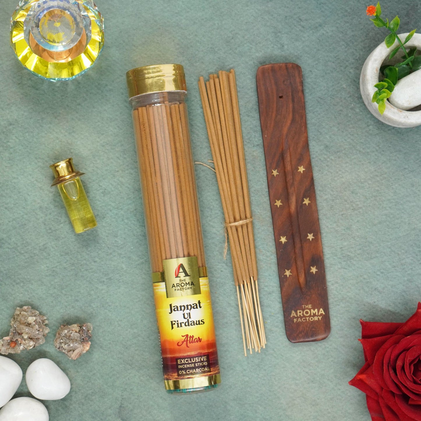 The Aroma Factory Incense Sticks (Oudh, Loban, Attar Jannat ul Firdaus & Rose Agarbatti) 4 bottles, Fragrance Jute Gift Pack