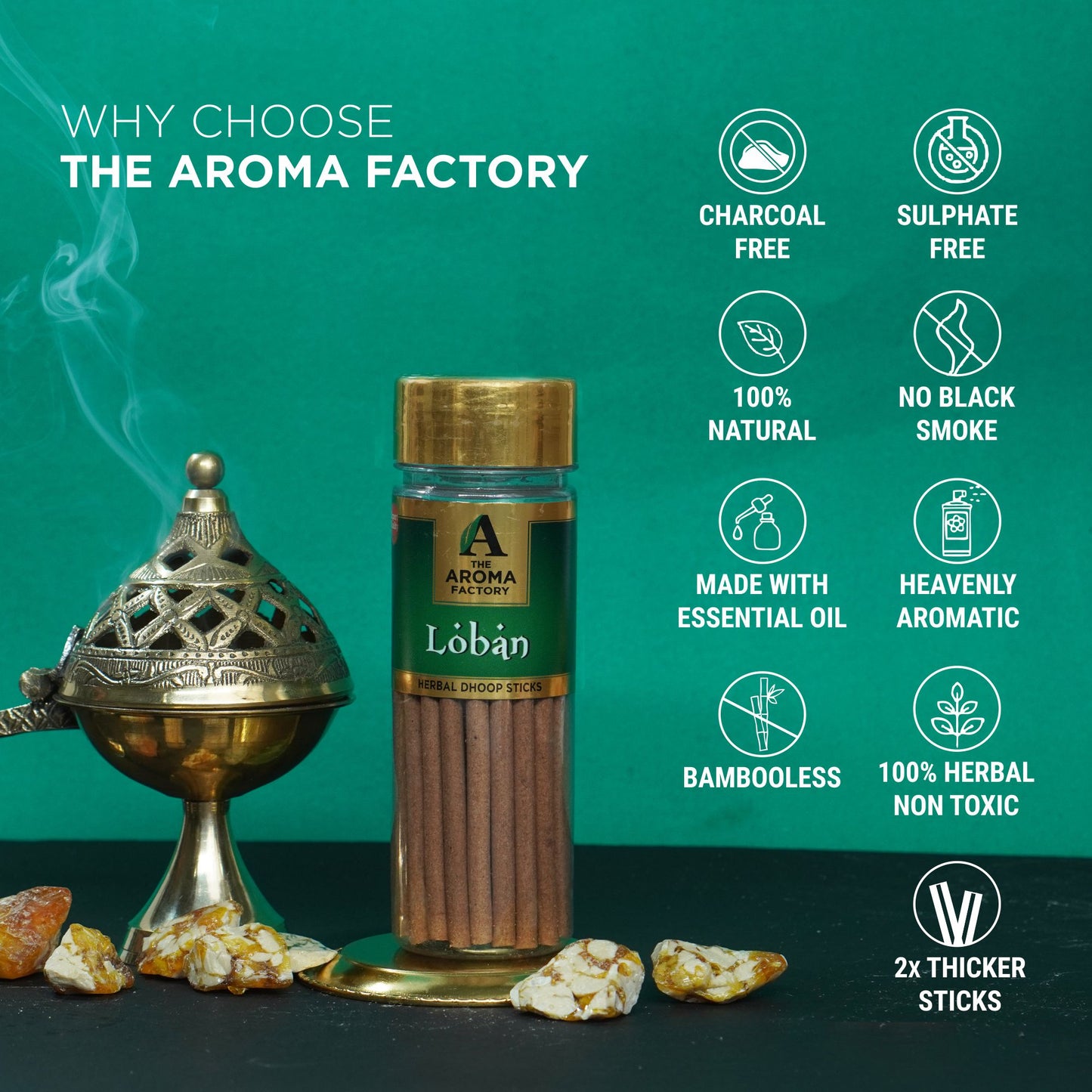 The Aroma Factory Loban Dhoop Stick (0% Charcoal 0% Suphates) Herbal Lobhan Incense Dhoopbatti Bottle Pack, 100g