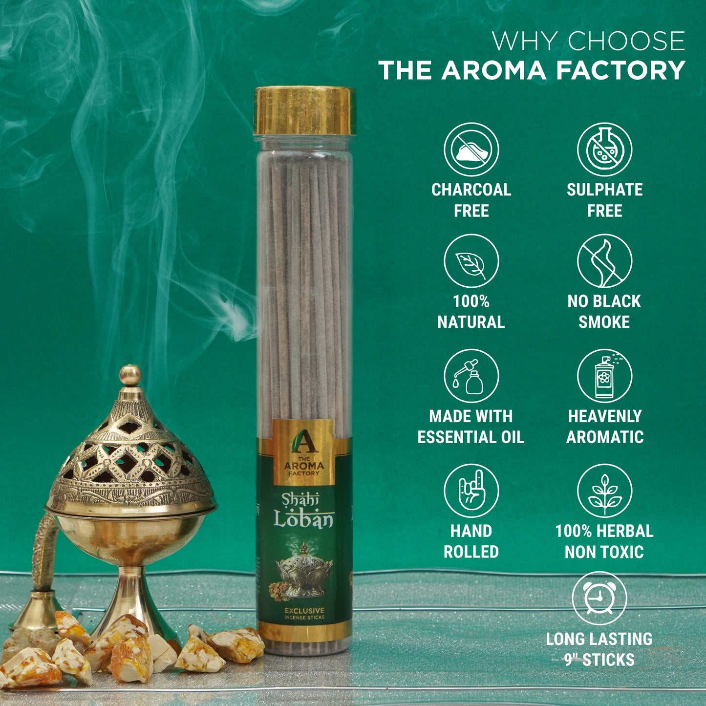 The Aroma Factory Shahi Loban Incense Stick (0% Charcoal 0% Sulphates) Organic Lobhan Agarbatti Bottle Pack, 100G