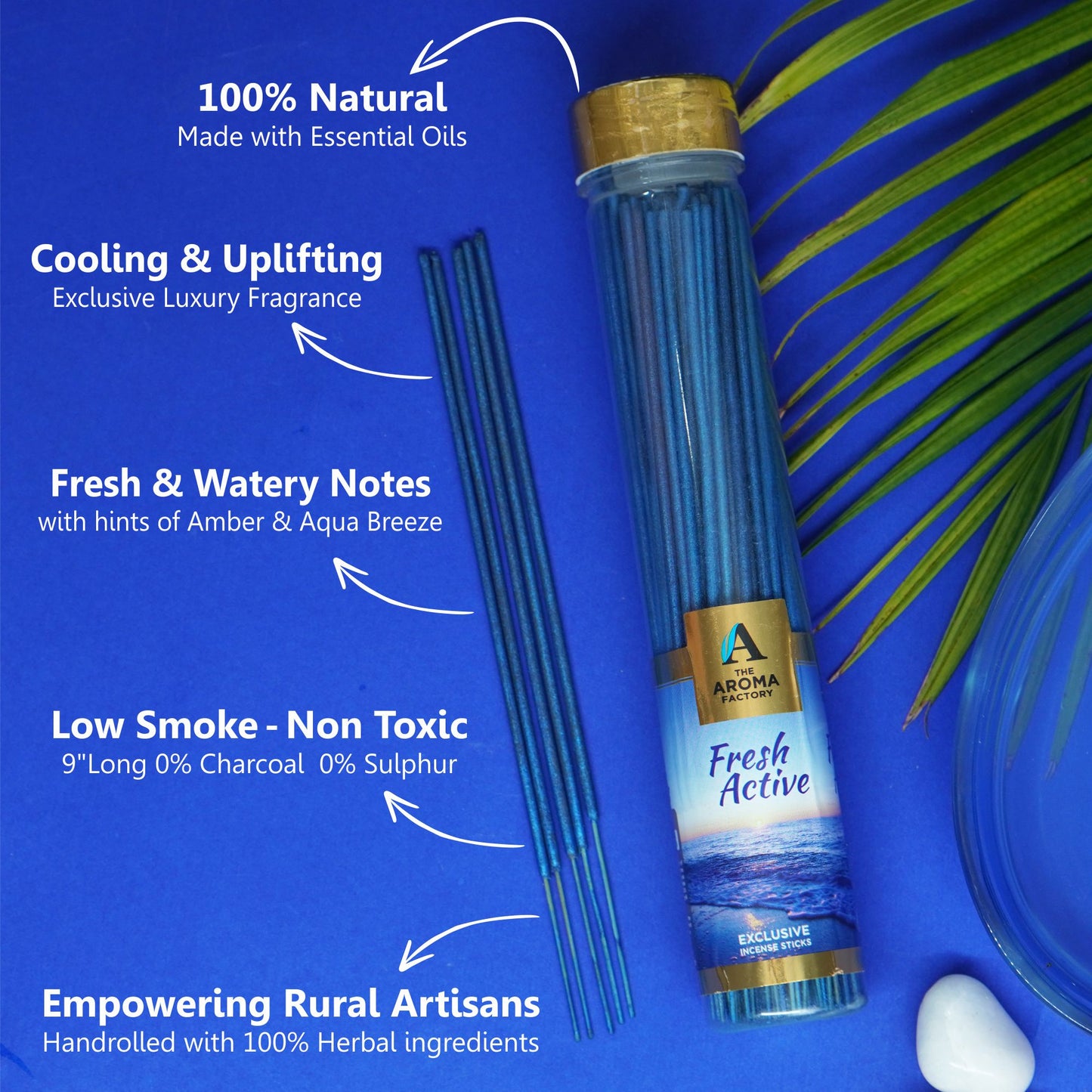 The Aroma Factory Fresh Active Incense Stick (0% Charcoal 0% Sulphates) Organic & Herbal Agarbatti Bottle Pack, 100G