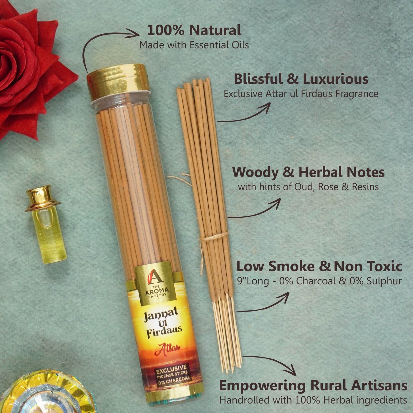 The Aroma Factory Attar Jannat Ul Firdaus Incense Stick (0% Charcoal 0% Sulphates) Organic Agarbatti Bottle Pack, 100G