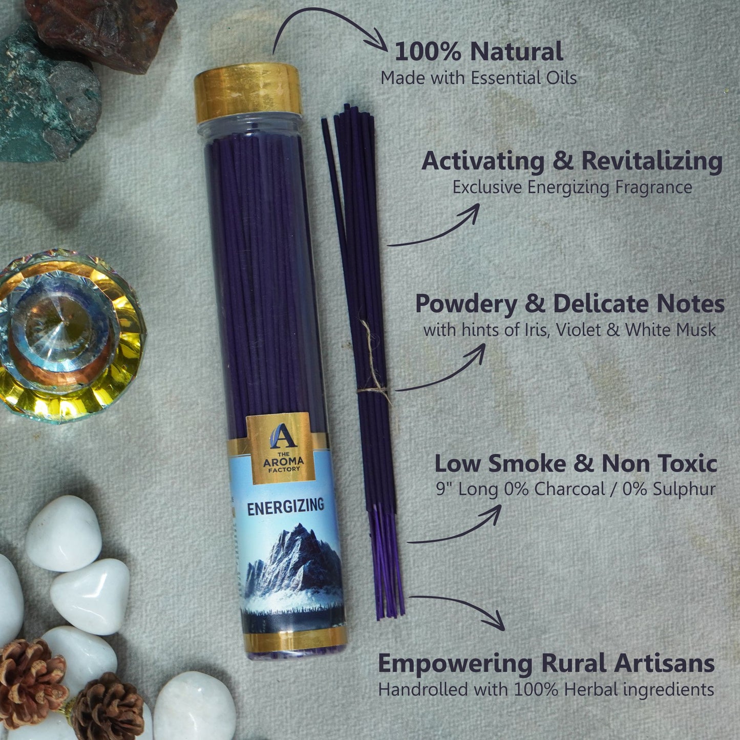 The Aroma Factory Energizing  Incense Stick (0% Charcoal 0% Sulphates) Organic & Herbal Agarbatti Bottle Pack, 100G