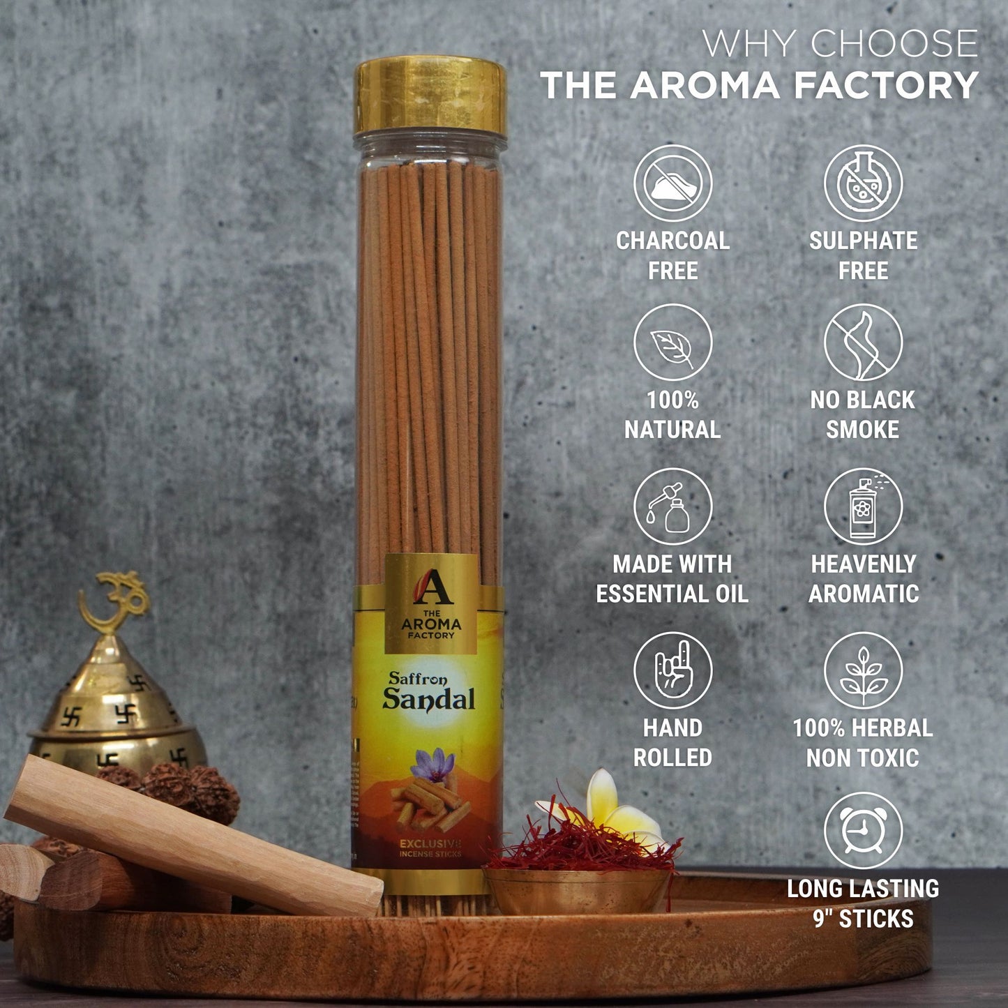 The Aroma Factory Kesar Chandan Incense Stick (0% Charcoal 0% Sulphates) Herbal Saffron Sandal Agarbatti Bottle Pack, 100G