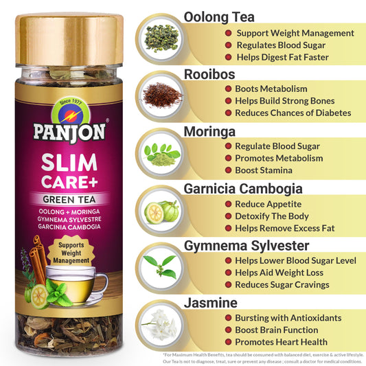Panjon Slim Care+ Green Tea For Weight Loss with Oolong, Moringa, Lemongrass, Garcinia Cambogia, Rooibos Herb, Gymnema Sylvestre, Jasmine, 1 Jar (40g - 30 TeaCups)